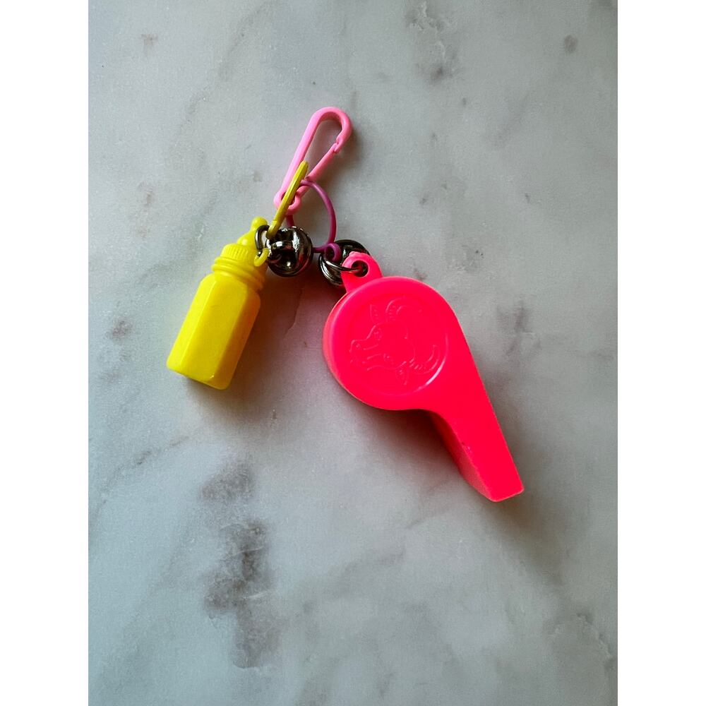 Vintage 1980s Bell Clip Charm Necklace Keychain Bell Whistle and Bottle